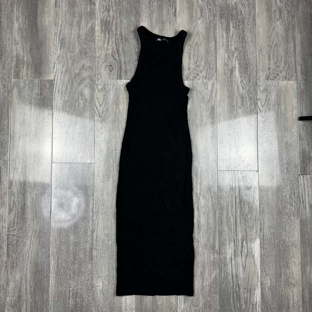 Zara Black Ribbed Knit Bodycon Sleeveless Midi Dress
